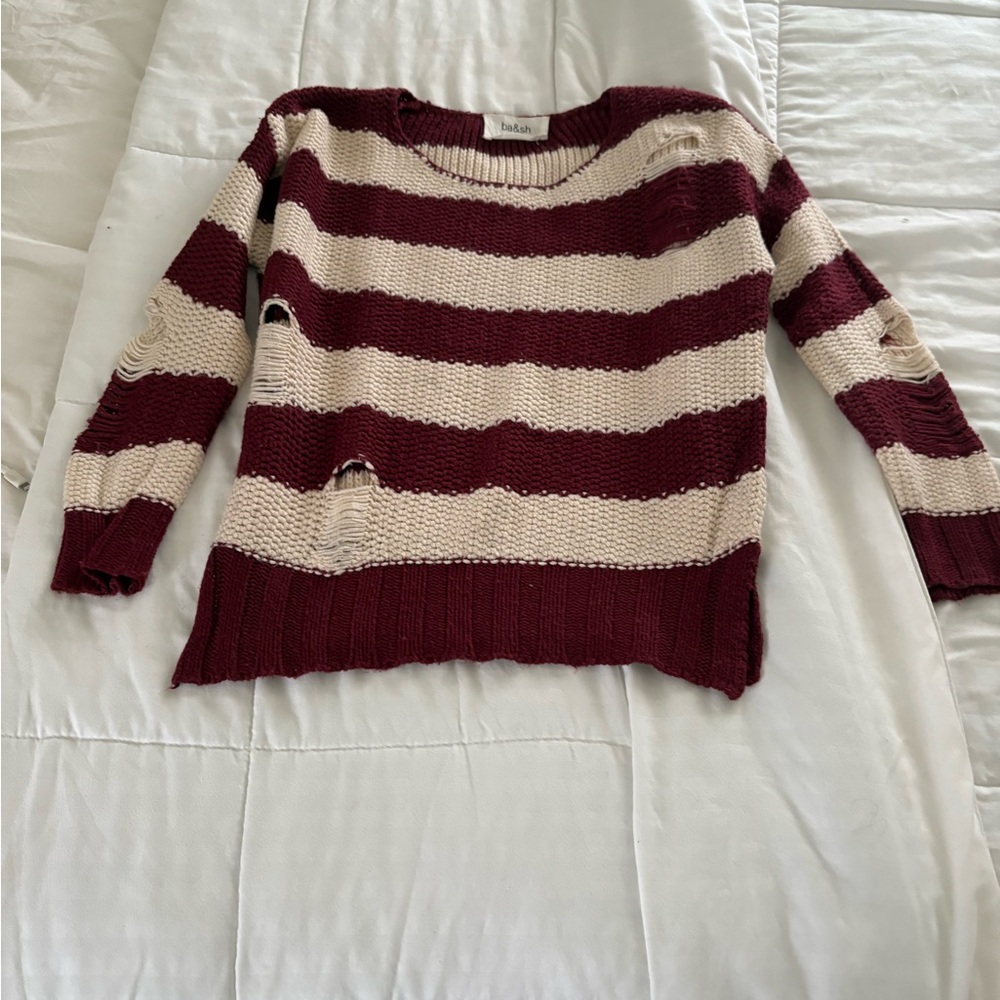 ba&sh Burgundy and Cream Striped Sweater
